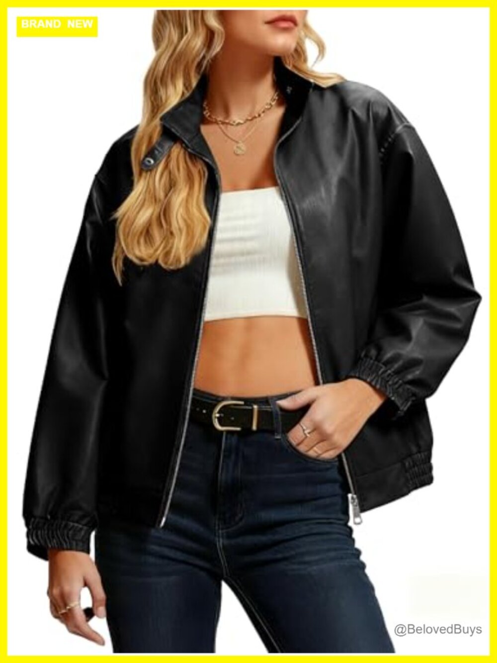 Women's Faux Leather Jacket Oversized Winter Stand Collar Double Zipper Casual